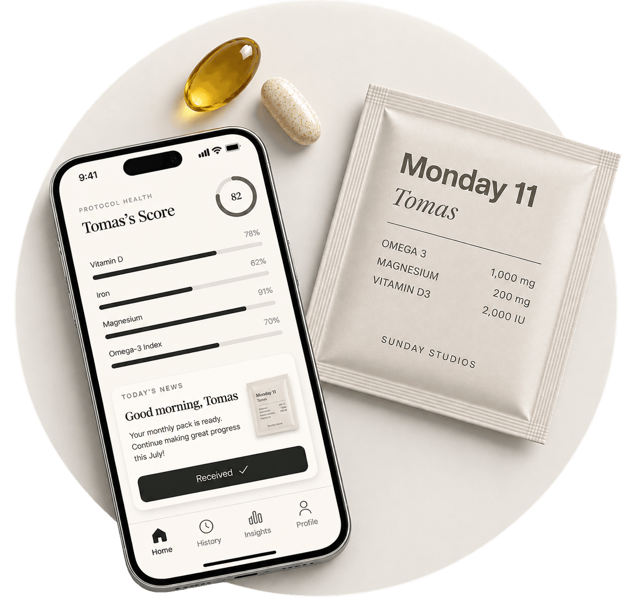 Sunday Studios app, showing Tomas's protocol health score and his Monday sachet
